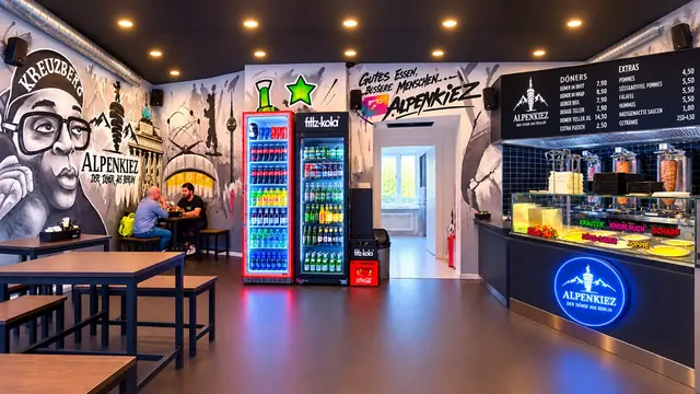 Innenraum mit Street-Art-Wänden, Kühlschränken und Dönertheke